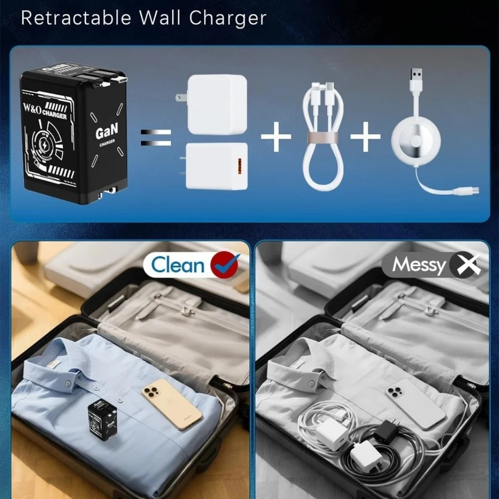 W&O 2 in 1 Gan Charger Retractable Type C Lightening Iphone Fast Charging